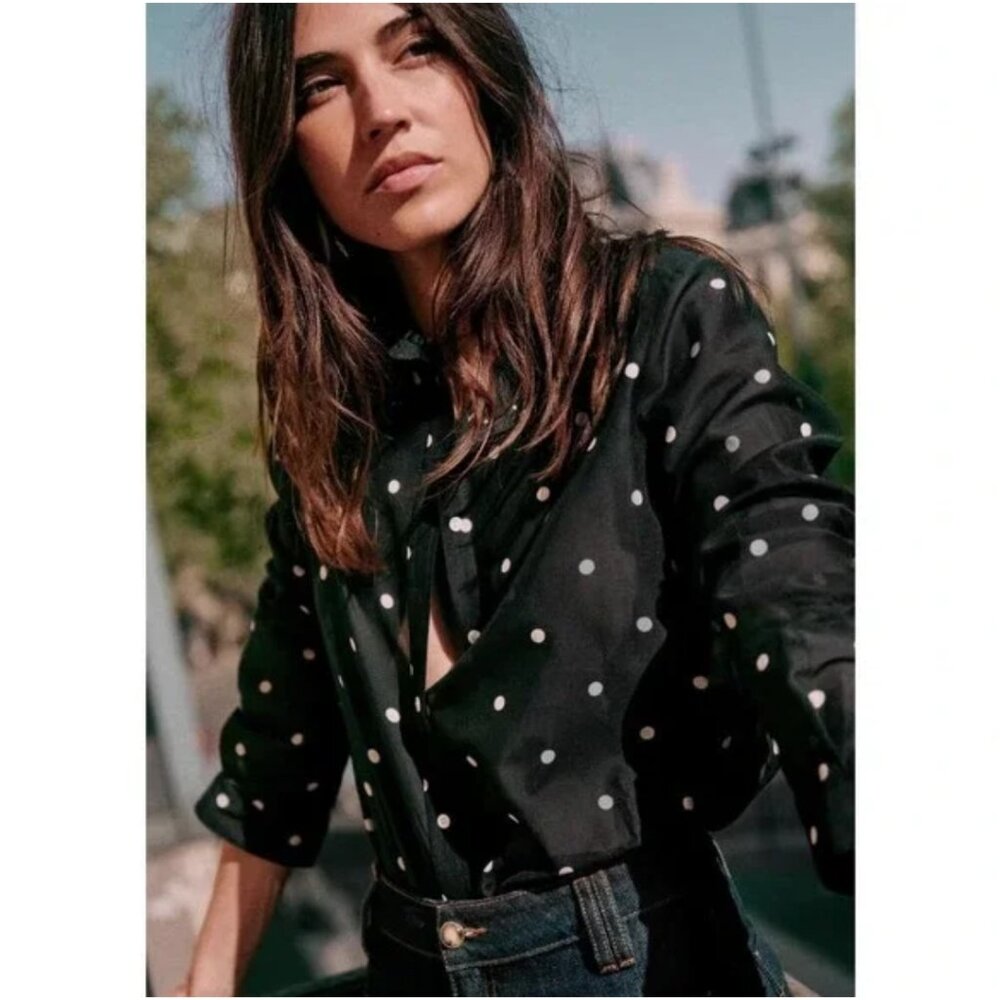 Sezane Pierre Navy Polka Dot Button-Up Blouse Size 4